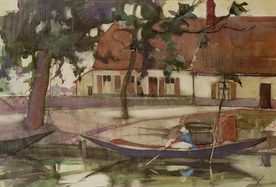 Barco en un canal, pueblo francés de Anne Redpath
