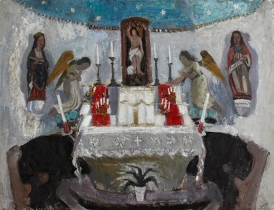 En la iglesia de San Juan, Tréboul, c.1953-54 (óleo sobre tabla) de Anne Redpath