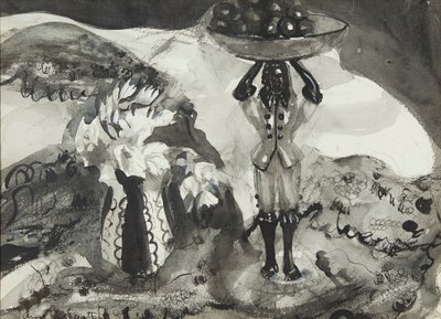 Naturaleza muerta con figura (acuarela en blanco y negro) de Anne Redpath