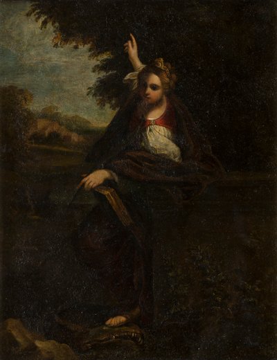 Santa Margarita en un paisaje : una sibila, c.1580-1609 (metal bajo vidrio) de Annibale (after) Carracci