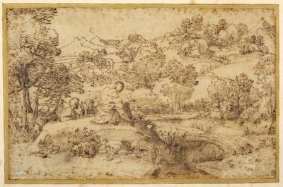 Paisaje, en primer plano tres hombres descansando y un perro dormido, junto a un arroyo de Annibale (follower of) Carracci