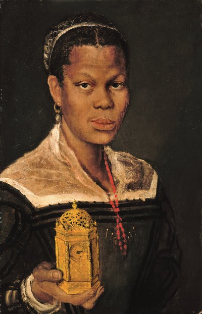 Retrato de una dama negra, de busto, con un collar de coral y un reloj de mesa de ormolu en la mano derecha (óleo sobre lienzo) de Annibale (studio of) Carracci