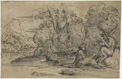 Paisaje con un sátiro tocando la flauta, mujer y putto de Annibale Carracci (attributed to)