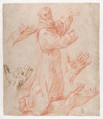 Carracci - Estudios para una figura de San Francisco arrodillado en vista de tres cuartos y para sus manos (recto), 1583-85 de Annibale Carracci