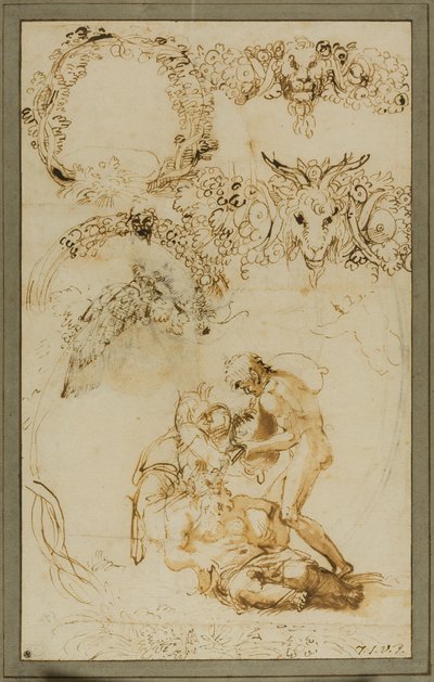 Sileno borracho y bocetos decorativos: Estudios para la Tazza Farnese (anverso); Dos putti luchando: Estudio para la Galleria Farnese (verso) de Annibale Carracci