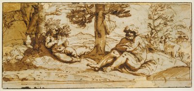 Flötenspielender Amor und Silenus in einer arkadischen Landschaft de Annibale Carracci