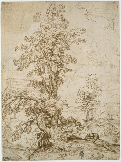Paisaje con hombre durmiendo bajo un árbol (anverso); Paisaje con jinete (reverso) de Annibale Carracci