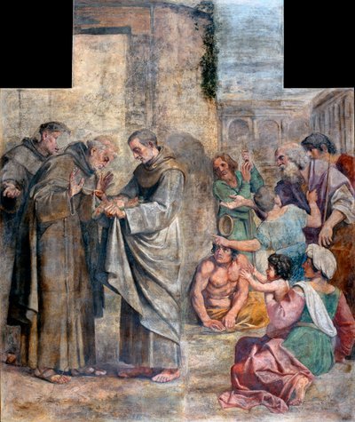 El milagro de las rosas - Acusado de robo de alimentos, el monje franciscano español San Diego de Alcalá (1400-1463) descubre que los alimentos escondidos en su hábito para dárselos a los pobres se han convertido en rosas - Pintura de Annibale Carracci (An de Annibale Carracci