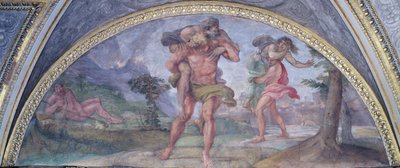 Luneta que representa a Eneas huyendo de Troya en llamas llevando a su padre Anquises seguido por Ascanio llevando a su madre de Annibale Carracci