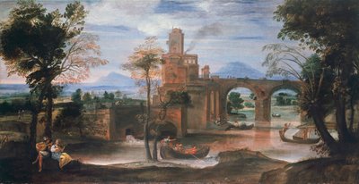 Paisaje fluvial con castillo y puente, c.1598 de Annibale Carracci