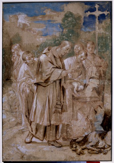 San Carlos Borromeo bautizando a un niño. La oveja muerta y los bocetos de capas de cuerpos junto a los cuales un hombre se tapa la nariz para no respirar el olor sugiere que el dibujo representa el arco de Milán San Carlos Borromeo (Carlo Borromeo) de Annibale Carracci