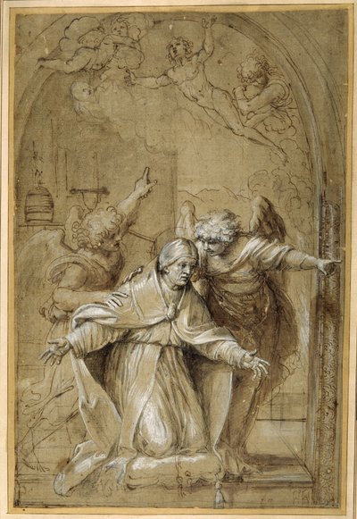 San Gregorio atendido por ángeles rezando por las almas en el Purgatorio de Annibale Carracci