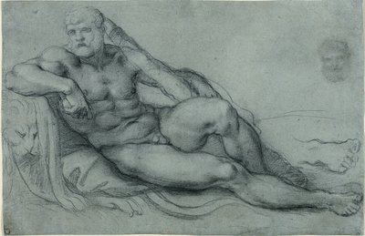 Estudio de Hércules descansando, con estudios separados de la cabeza y el pie (anverso); cuadrícula rectangular (reverso) de Annibale Carracci