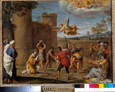 La lapidación de San Esteban: San Esteban (Esteban), fue el primer mártir cristiano que murió lapidado en el 36 d.C. Pintura de Annibale Carracci o Annibal Carrache (1560-1609). Siglo XVI. París de Annibale Carracci
