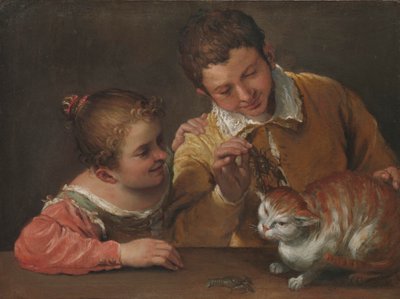 Dos niños molestando a un gato de Annibale Carracci