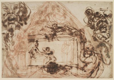 Boceto para la decoración de una bóveda. Para la Galería Farnese, Palazzo Farnese en Roma. Además, boceto para dos mascarones de Annibale Carracci