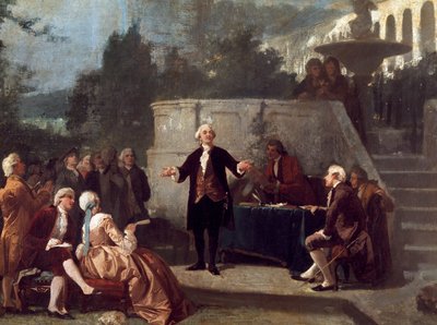 El dramaturgo italiano Carlo Goldoni (1707-1793) declara un soneto ante los miembros de la Colonia Alfea en el Jardín Scotto de Pisa. Pintura de Annibale Gatti de Annibale Gatti