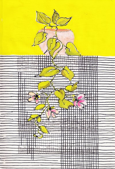 Enredadera en flor sobre un fondo geométrico de Annick