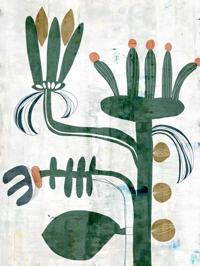 flores abstractas, fondo verde natural con textura y luz suave de Annick