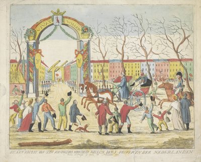 Llegada del Príncipe de Orange a La Haya, 1813
La llegada de su alteza real Guillermo, primer soberano de los Países Bajos, a S: Hage el 30 de noviembre de 1813 (título en el objeto) de Anonymous