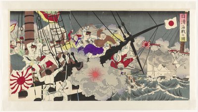Representación de la batalla naval durante la Guerra Sino-Japonesa Nisshin kaisen no zu (título sobre objeto) de Anonymous