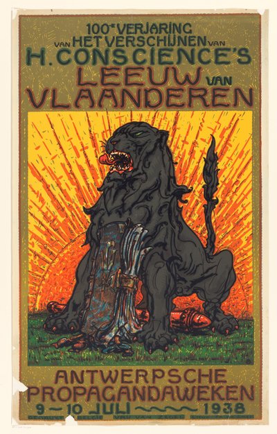 Afiche con motivo del centenario de la publicación de De Leeuw van Vlaanderen de Henri Conscience 100 aniversario de la publicación del León de Flandes de H. Conscience (título sobre objeto) de Anonymous