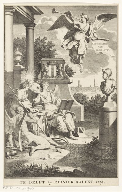 Alegoría de Delft Descripción de Delft (título del objeto) Página de título para: S.n., Beschryving der stadt Delft, 1729 de Anonymous