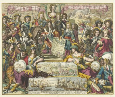 Alegoría de las victorias de los aliados en 1704
Los caballos más fuertes y poderosos de Donau, Ryn y Moezel han sido enviados por las tropas de la OTAN, que se han unido a la gran alianza, y se han unido a la gente. A. 1704 (título en o de Anonymous