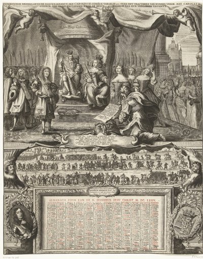 Alegoría de la paz con Inglaterra en 1674 y el almanaque del año 1675 Vereenichde Nederlantsche danckbaerheyt, aen Carolus II. Coninck van Hisp. etc. sobre la conclusión de su paz con Carlos II. Coninck de Gran Bretaña y la Restauración de Anonymous