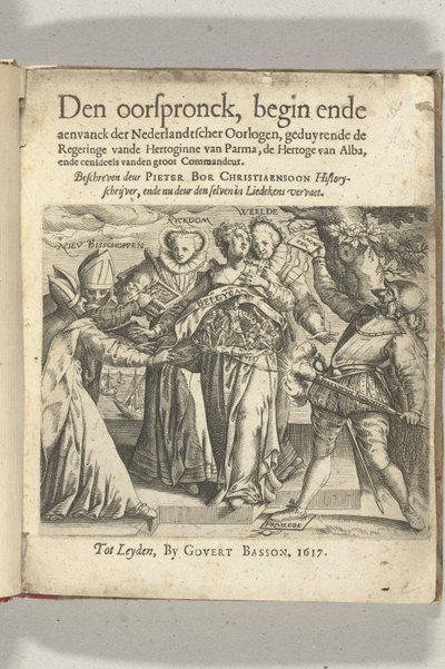Portada alegórica en: Pieter Christiaansz Bor, Den Oorspronck, Beginning and Departing of the Dutch Wars, 1617 de Anonymous