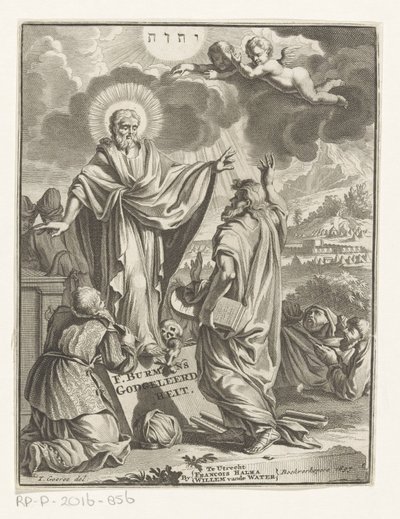 Representación alegórica con Cristo, Moisés y figura arrodillada Página de título para: Frans Burman, Teología, 1697 de Anonymous