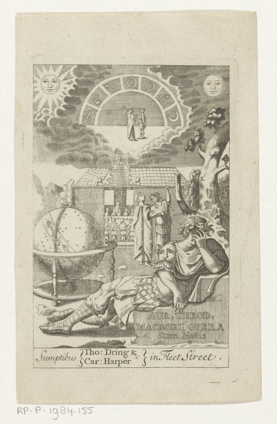 Ambrosius Theodosius Macrobius leunend op steen naast globo Oro Teod. Macrobius Opera Cum Notis (título sobre el objeto) Titelpage voor: Ambrosius Theodosius Macrobius, Aur. Teodosio Macrobio V. Cl. y obras ilustres, 1694 de Anonymous