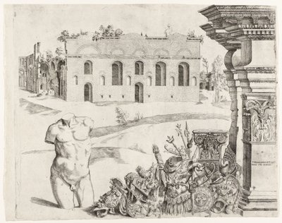 Arquitectura capriccio con spolia, un torso masculino y una vista de las Termas de Diocleciano de Anonymous