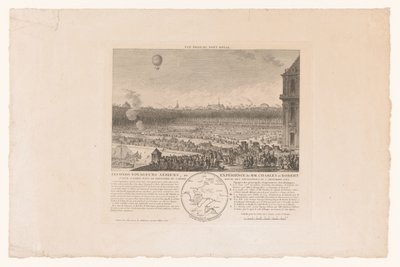 Ballonvlucht door de heren Charles en Robert van Parijs naar Beaumont, gezien vanaf de Tuilleriën, 1 de diciembre de 1783 Second Air Travelers, o Experiencia de MM. Carlos y Roberto, realizada en París en el parterre del jardín real de las Tullerías el 1 d de Anonymous