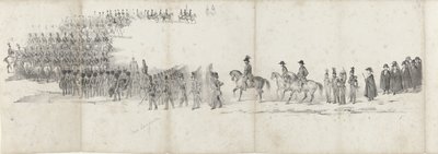 Funeral del difunto rey Guillermo II en Delft el 4 de abril de 1849 (página 1) Cinco hojas contiguas del cortejo fúnebre de Guillermo II en 1849 (título de la serie) de Anonymous