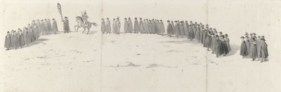 Funeral del difunto rey Guillermo II en Delft el 4 de abril de 1849 (página 2) Cinco hojas contiguas del cortejo fúnebre de Guillermo II en 1849 (título de la serie) de Anonymous