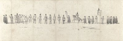 Funeral del difunto rey Guillermo II en Delft el 4 de abril de 1849 (página 3) Cinco hojas contiguas del cortejo fúnebre de Guillermo II en 1849 (título de la serie) de Anonymous
