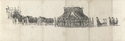Funeral del difunto rey Guillermo II en Delft el 4 de abril de 1849 (página 4) Cinco hojas contiguas del cortejo fúnebre de Guillermo II en 1849 (título de la serie) de Anonymous