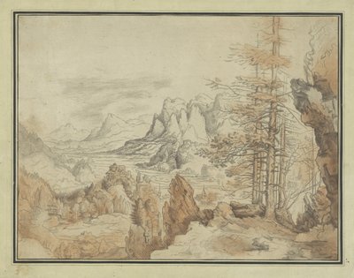 Paisaje de montaña con árboles y cara en un valle de Anonymous