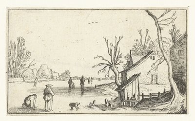 Granja por río congelado con patinadores en el hielo Pequeños paisajes (copias) (título de la serie) de Anonymous
