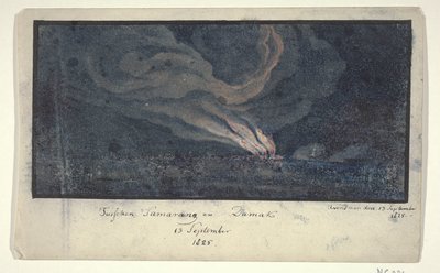 Incendio en un paisaje en Java Central, 1825 Entre Samarang y Damak / 13 de septiembre de 1825 (título sobre objeto) de Anonymous