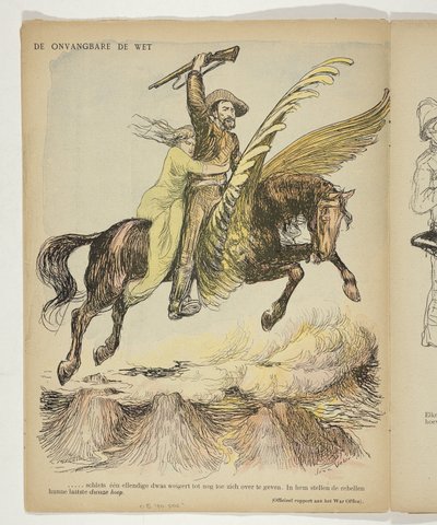 Christiaan de Wet y la mujer que se aferra a él (Esperanza de los campesinos) en un caballo alado
El inalcanzable De Wet (título en el objeto) de Anonymous