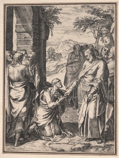 Copia de Cornelis Cort: Cristo entregando la llave de la Iglesia a San Pedro de Anonymous