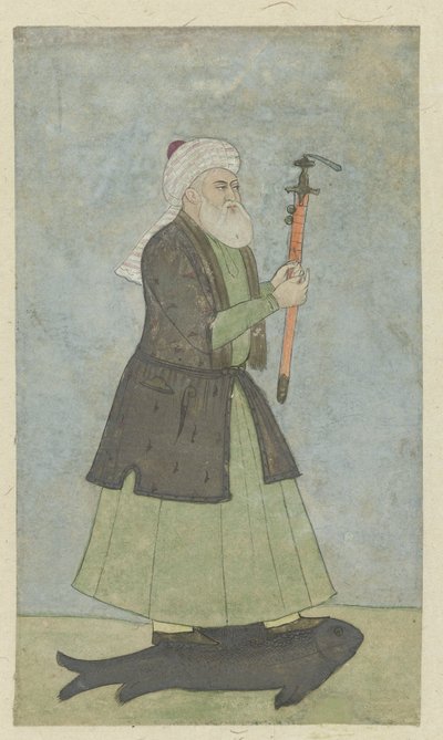 El Santo Khwaja Khadir con una espada en la mano. de pie sobre un pez de Anonymous
