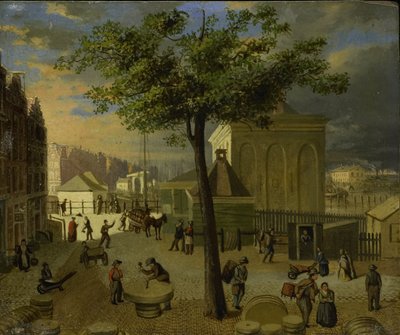 El Mercado de la Piedra Molida con el edificio "Het Zeerecht" en Ámsterdam de Anonymous