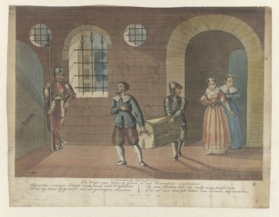 El baúl de libros en el que está escondido Hugo de Groot es llevado al bote de remos en Slot Loevestein, 1621
El vuelo de Hugo de Groot escondido en un baúl de libros (título en el objeto) de Anonymous