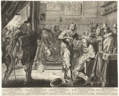 El campesino en la gran peluquería, hacia 1650 De Groote Scheerders Winckel (título sobre el objeto) de Anonymous