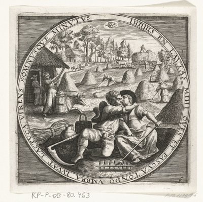 De maand juni, hooimaken, ca. 1600 De twaalf maanden van het jaar verbeeld in scènes uit het volksleven (título de la serie) Esquemas de los 12 meses con sus operaciones y su aplicación a los signos del zodíaco, divididos en cuatro partes del año (título d de Anonymous