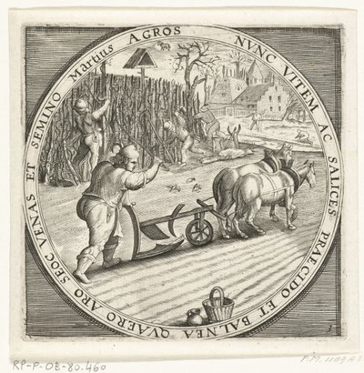 De maand maart, ploegen, ca. 1600 De twaalf maanden van het jaar verbeeld in scènes uit het volksleven (título de la serie) Esquemas de los 12 meses con sus operaciones y su aplicación a los signos del zodíaco, divididos en cuatro partes del año (título de de Anonymous