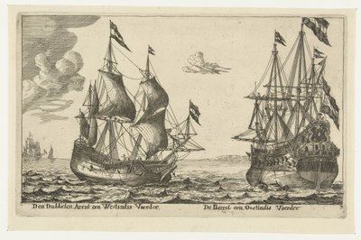Los barcos La Perla y El Águila Doble Den Dubbelen Arent a Westindis Vaerder, De Paerrel a Oostindis Vaerder (título sobre el objeto) de Anonymous